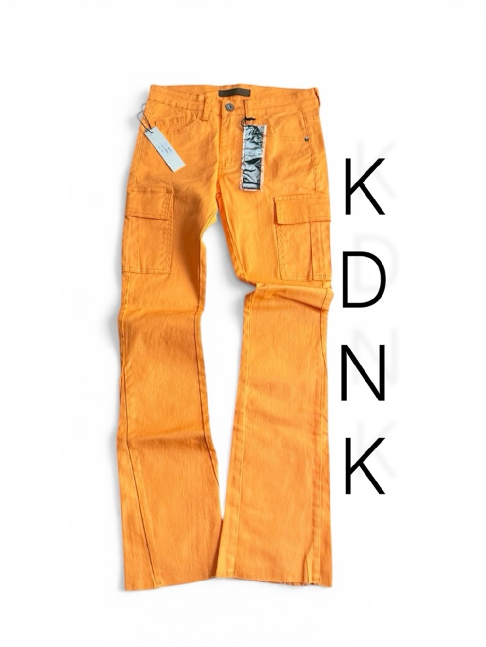 New Men's Orange KDNK Cargo Stacked Denim Jeans